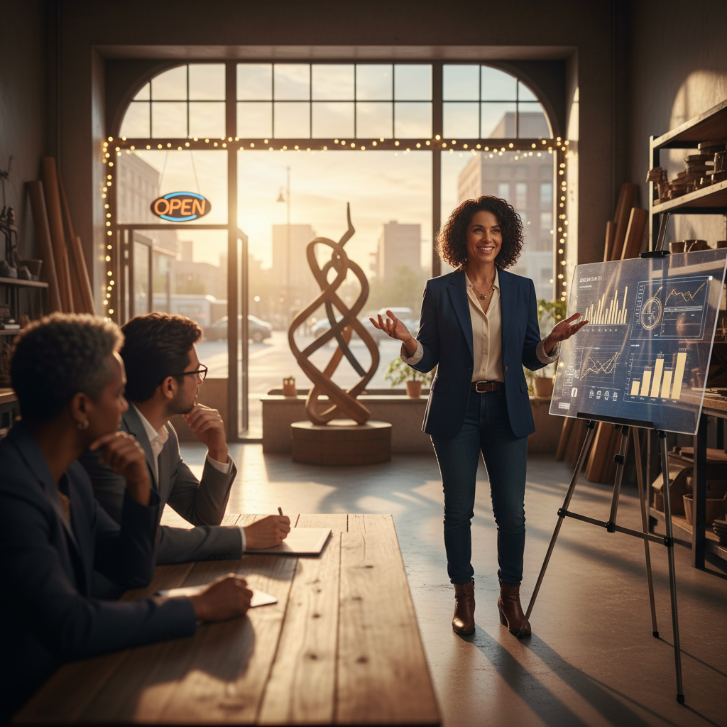 Woman veteran entrepreneur delivering presentation at business competition