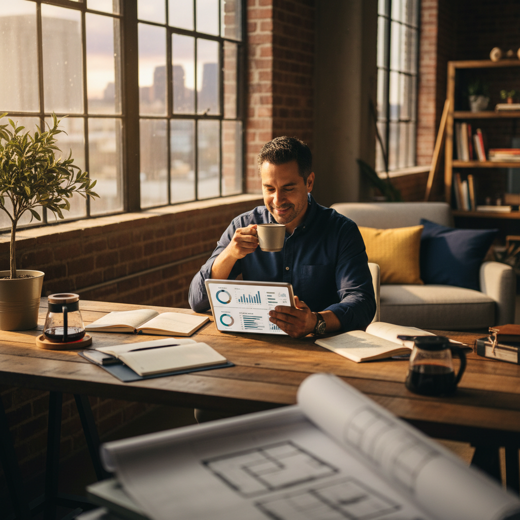 Business owner managing multiple locations remotely through systematic processes