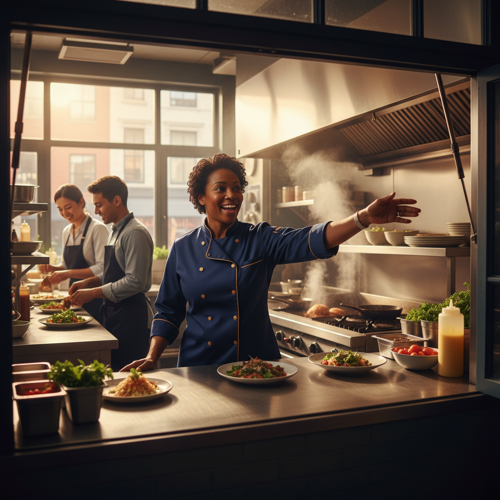 Food franchise owner managing kitchen operations during peak service hours