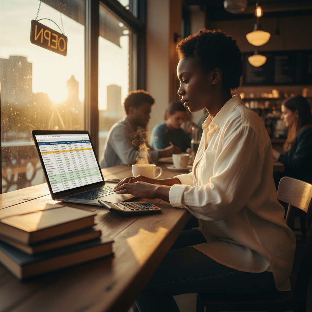 Entrepreneur calculating monthly software costs for independent business startup
