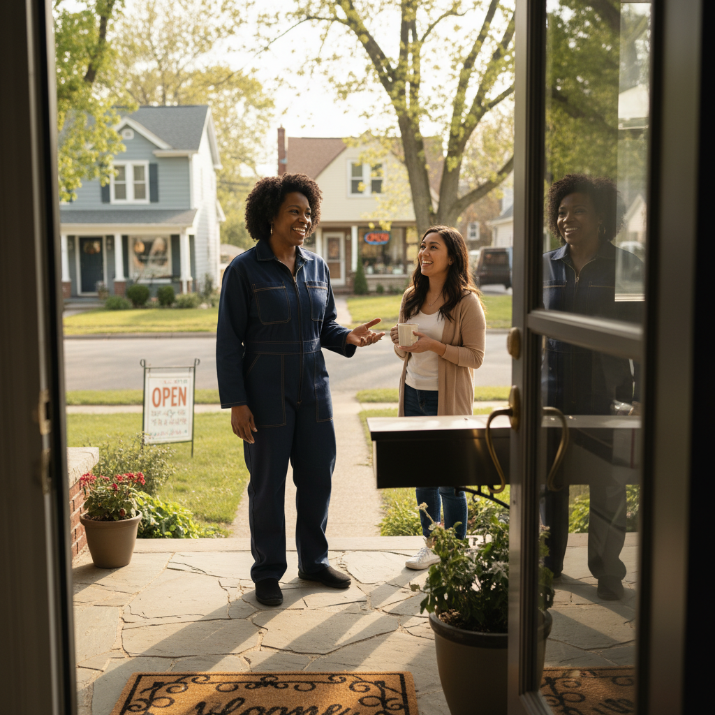 Professional service franchise owner consulting with homeowner