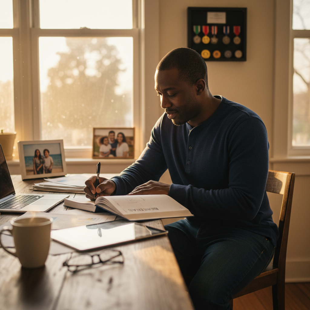Veteran planning franchise transition at home workspace
