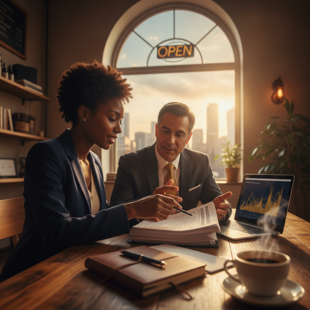 Female veteran reviewing franchise documents with advisor