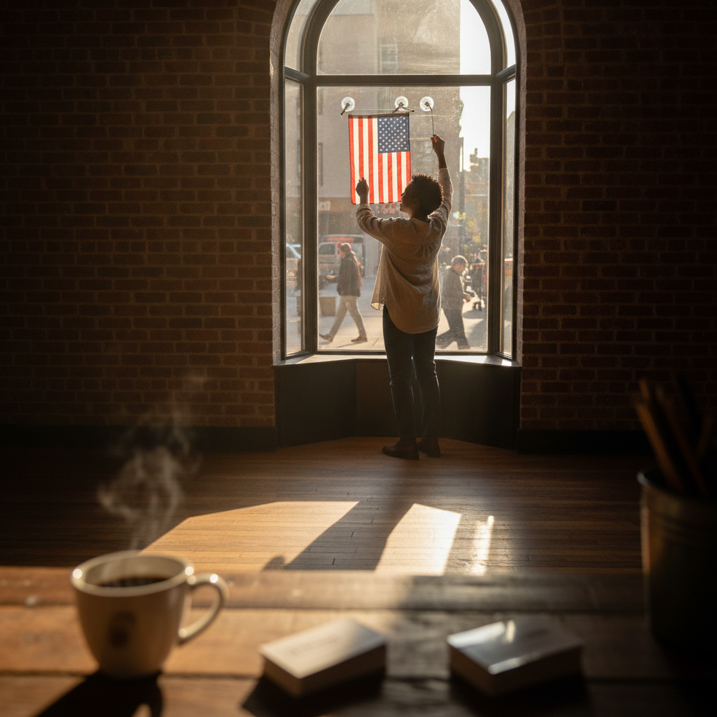 Veteran franchise owner placing small American flag in business window