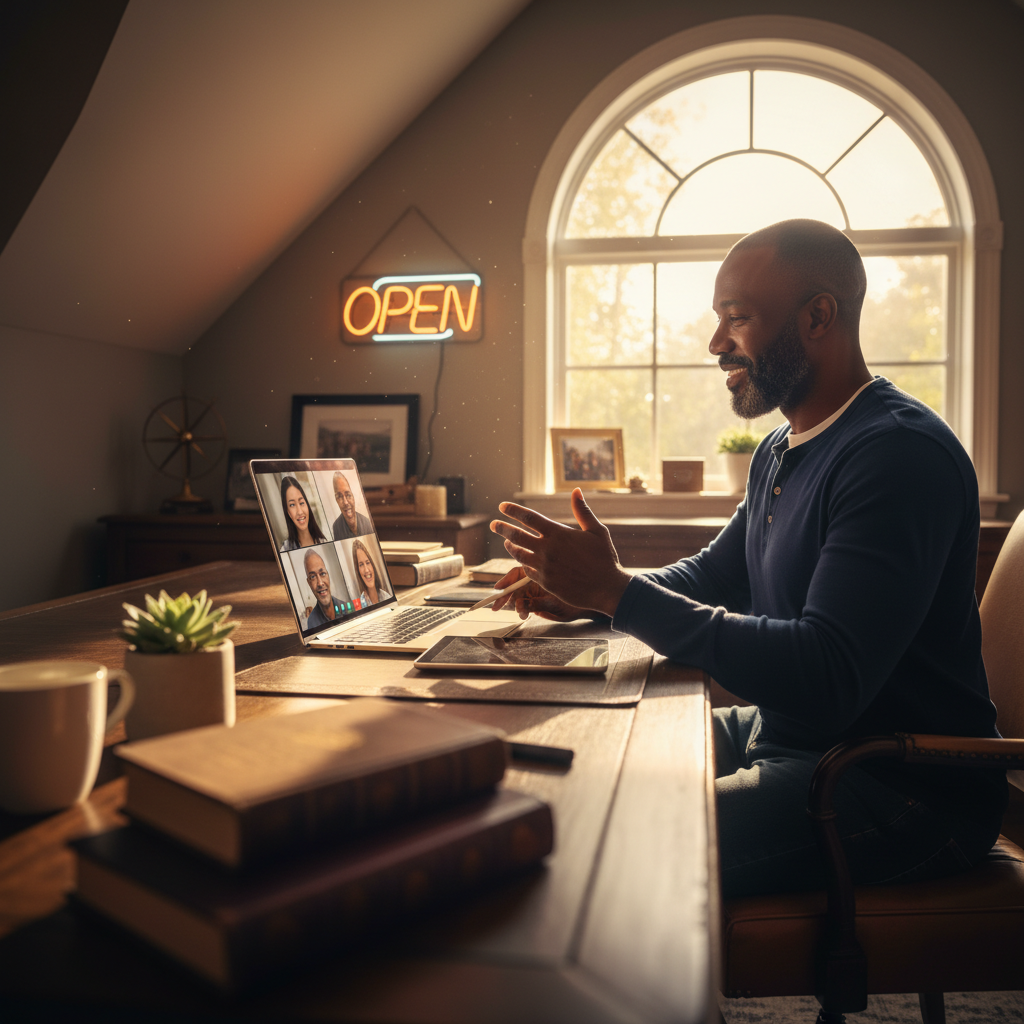 Veteran managing B2B franchise operations from home office setup