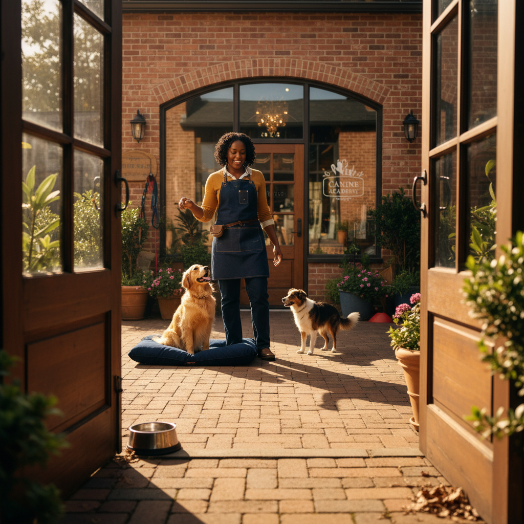 Professional pet trainer conducting obedience class