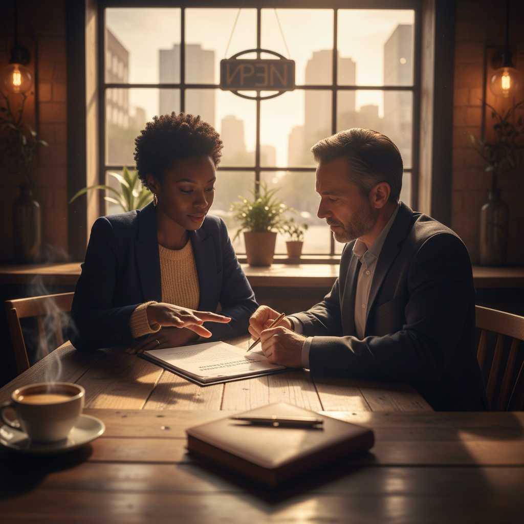 Military veteran consulting with advisor about franchise investment details