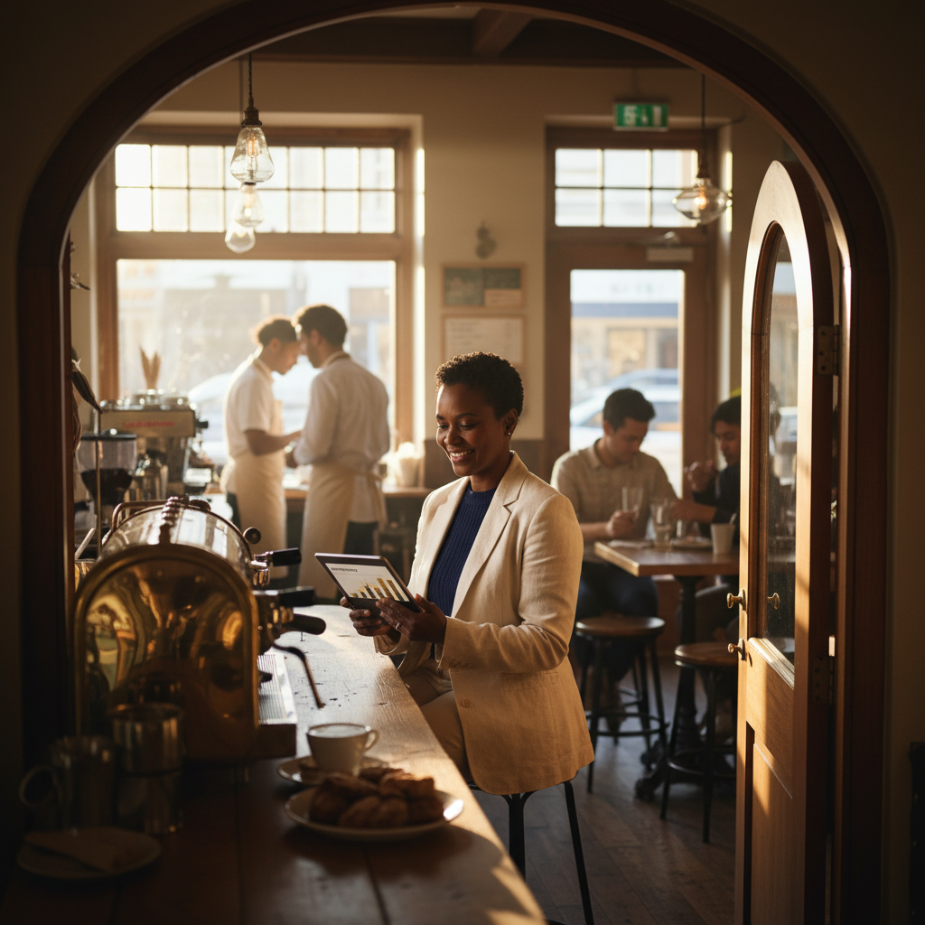 Franchise owner analyzing integrated business metrics on modern technology platform